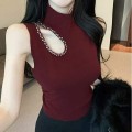 High Neck Hollow-Out Rhinestone Knit Top
